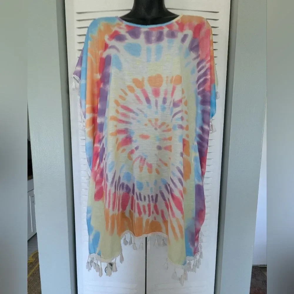 Tie Dye Swim Suit Cover Up Medium Fringe Cape Festival Boho Hippie Red Orange Ye